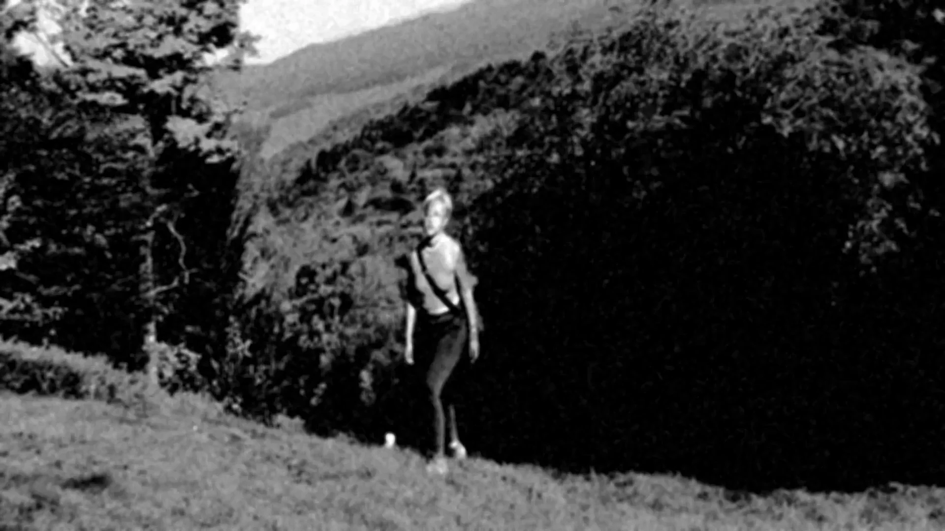 Black-and-white A Wayfarer still of a person walking in a mountainous landscape
