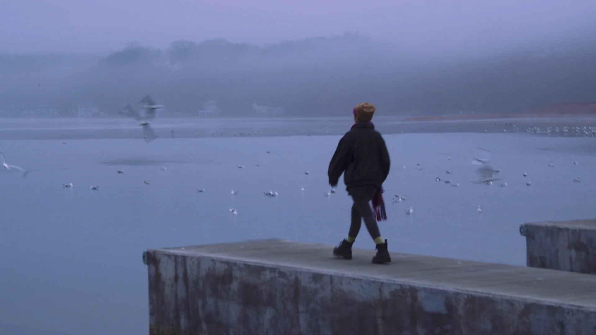 A figure walking beside the water in blue twilight