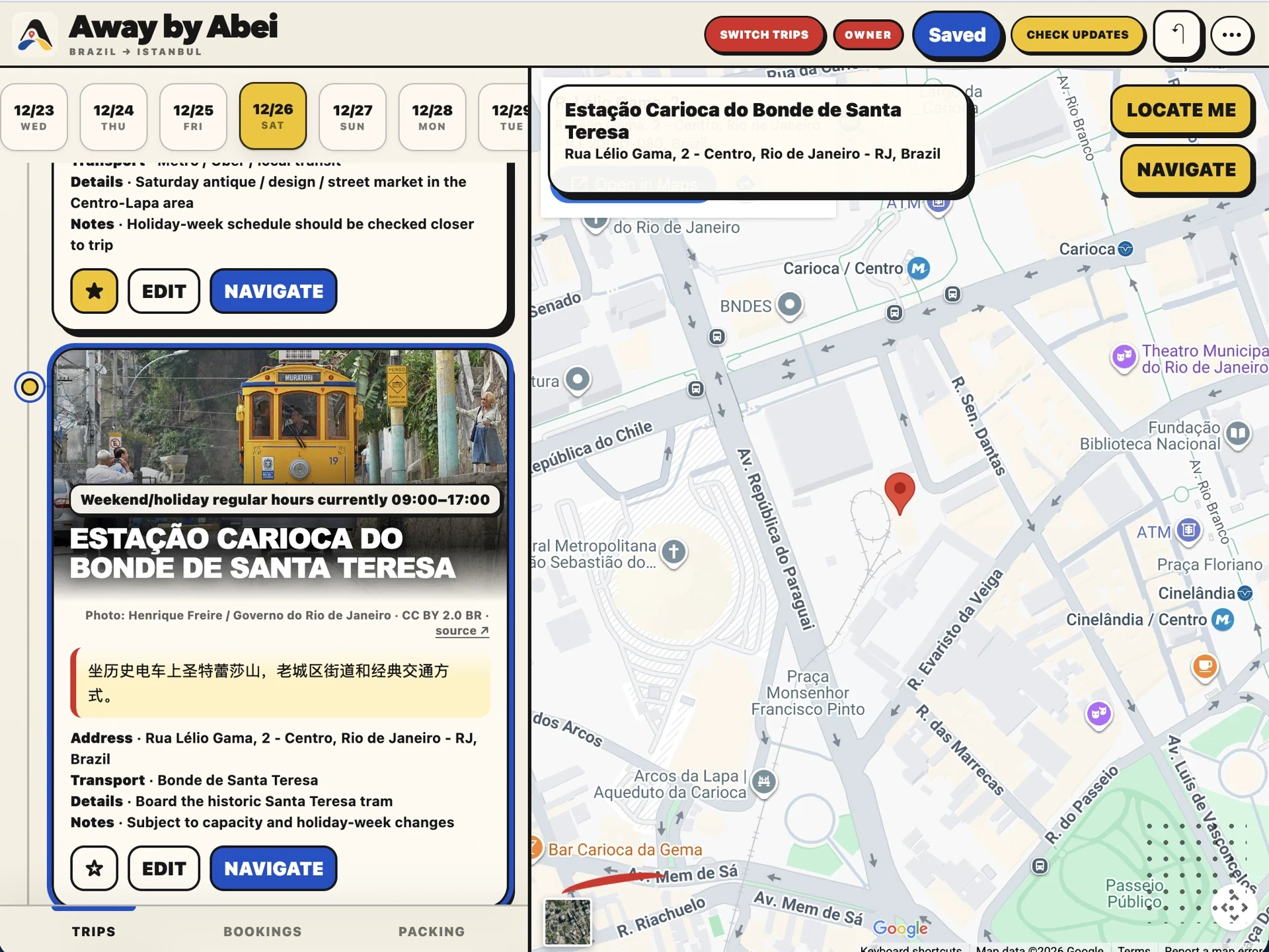 Away by Abei actual travel planner interface