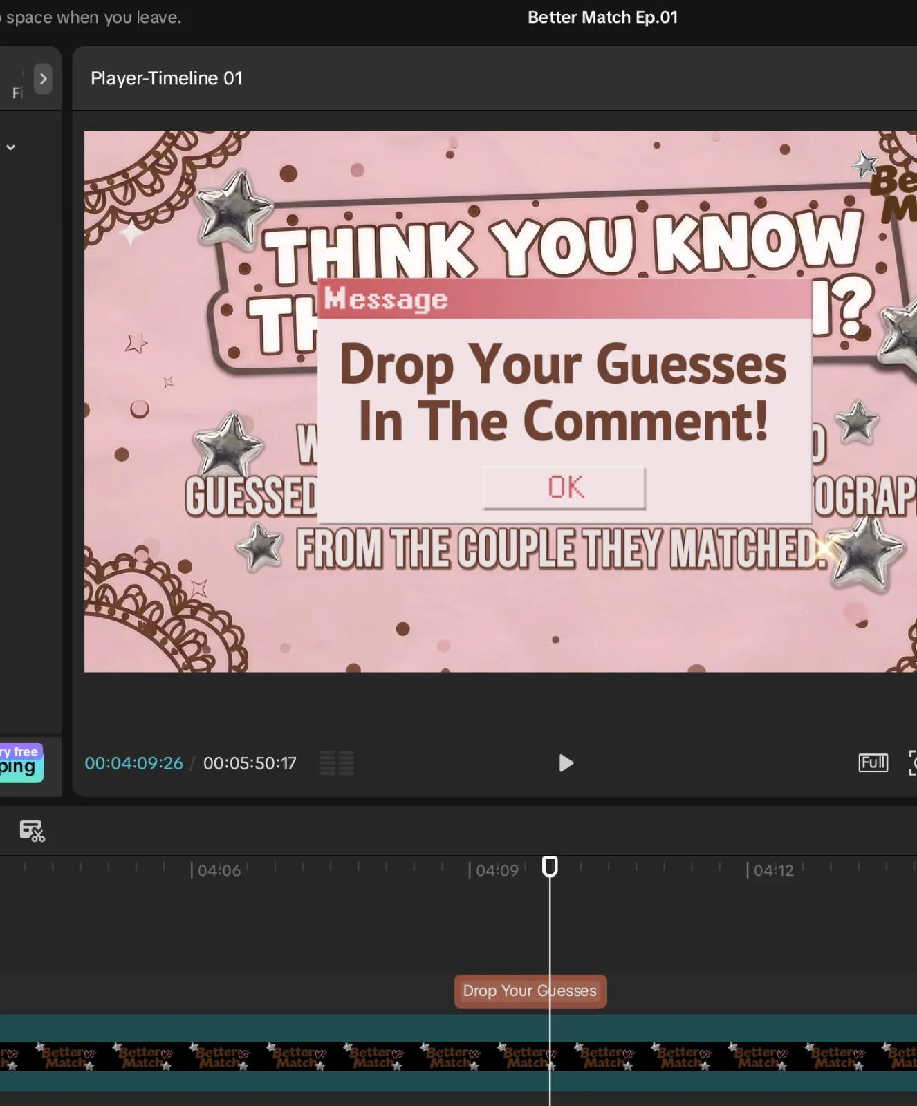 Better Match Episode 01 editing workspace with graphic overlays and timeline