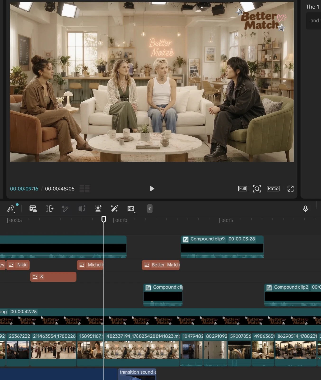 Better Match editing timeline with fictional cast footage, dialogue and sound layers