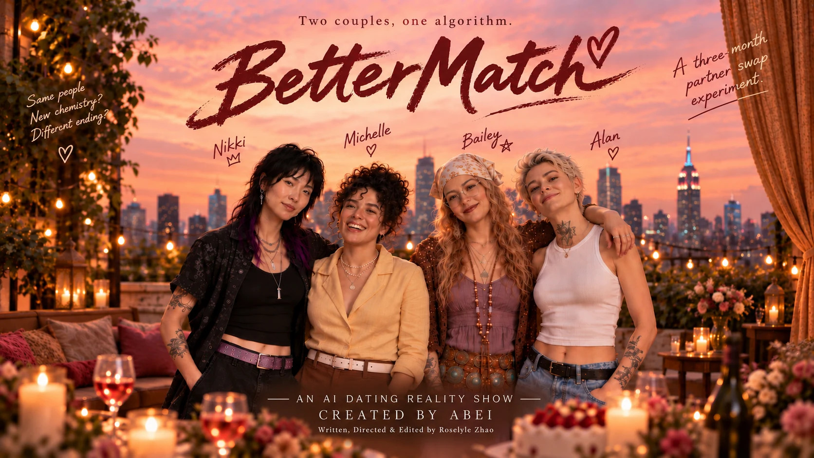 Better Match official key visual: two couples on a New York rooftop at sunset