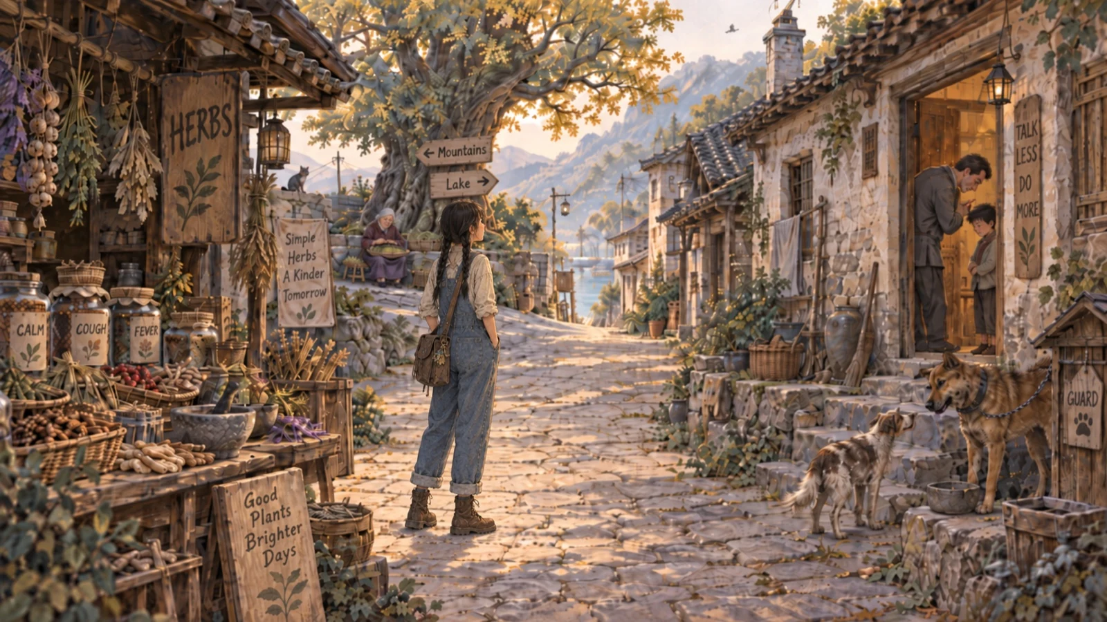 Finding Toby illustrated village with Aja, a herb shop, a father and child, and two dogs
