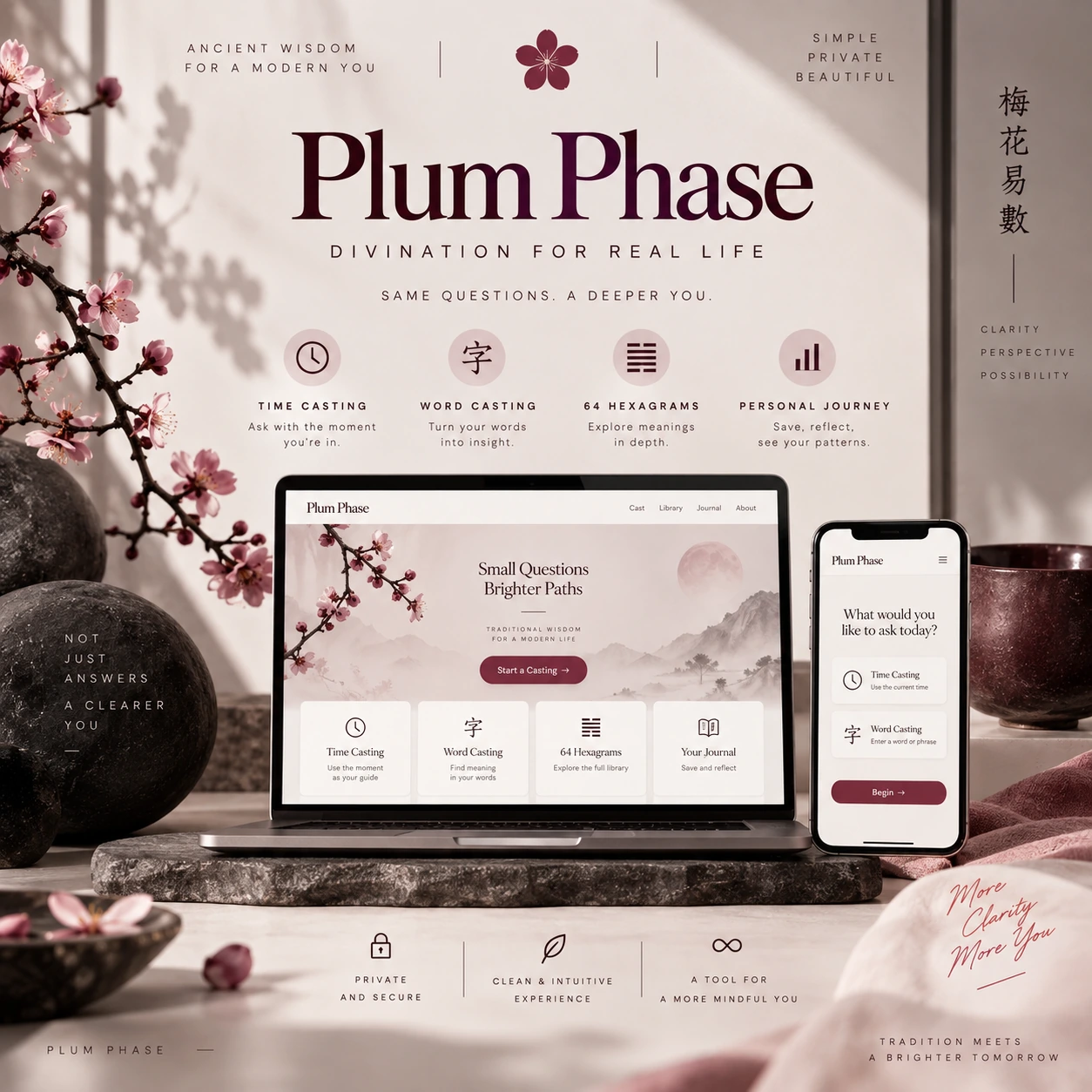 Plum Phase visual concept with plum blossoms, a laptop and phone interface, time casting, word casting and hexagrams